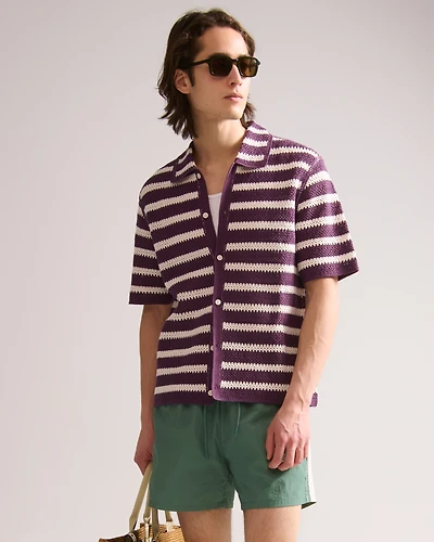 Crochet-Style Striped Button-Through Sweater Polo