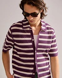 Crochet-Style Striped Button-Through Sweater Polo