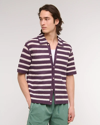 Crochet-Style Striped Button-Through Sweater Polo
