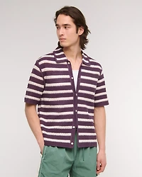 Crochet-Style Striped Button-Through Sweater Polo
