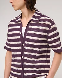 Crochet-Style Striped Button-Through Sweater Polo
