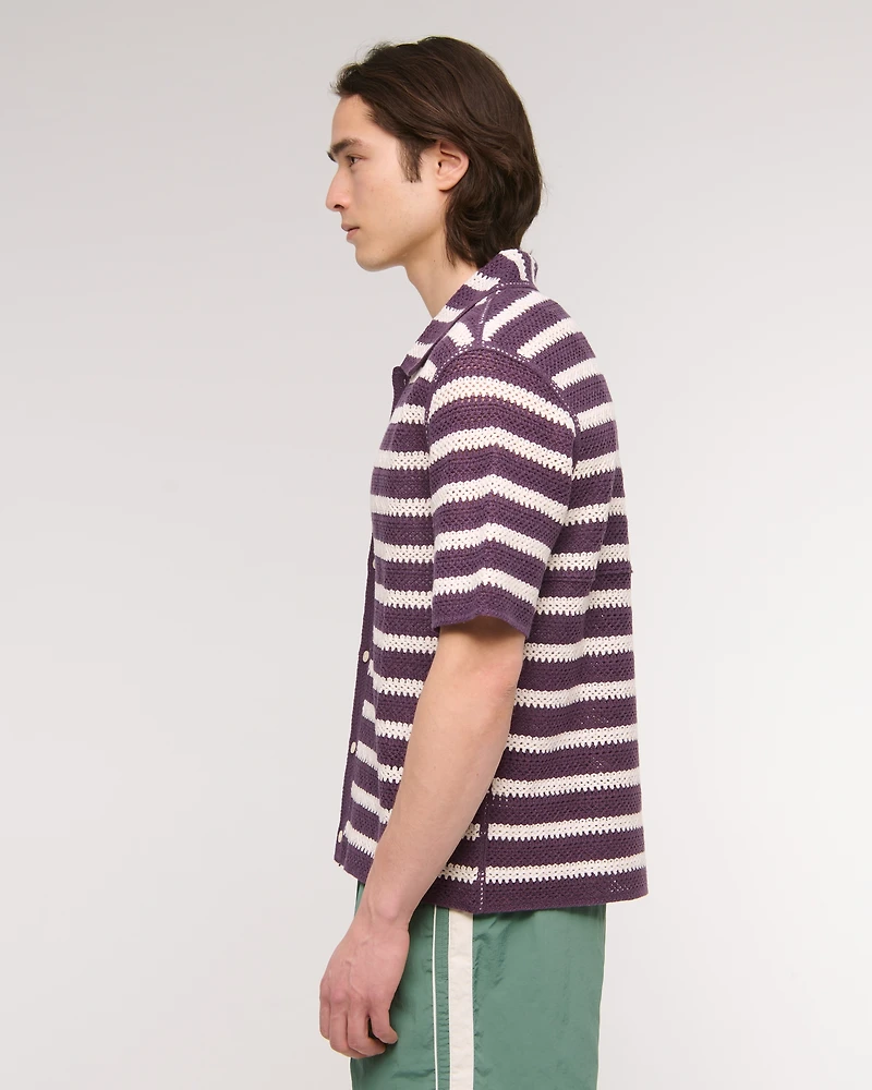 Crochet-Style Striped Button-Through Sweater Polo