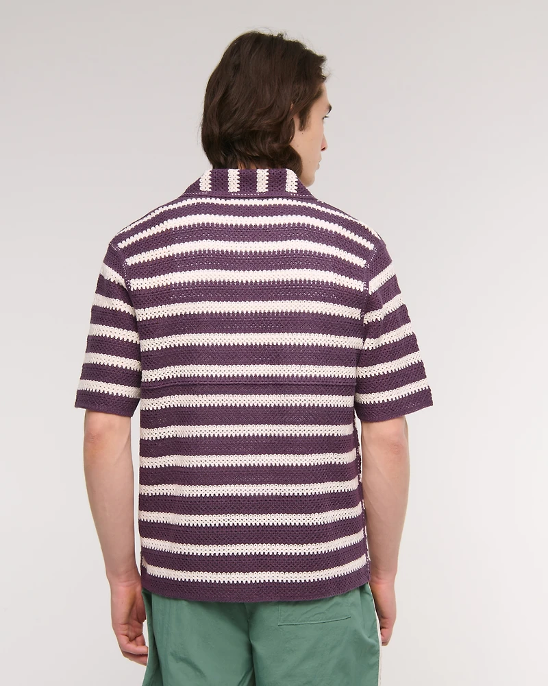 Crochet-Style Striped Button-Through Sweater Polo