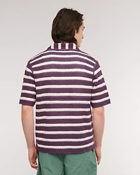 Crochet-Style Striped Button-Through Sweater Polo