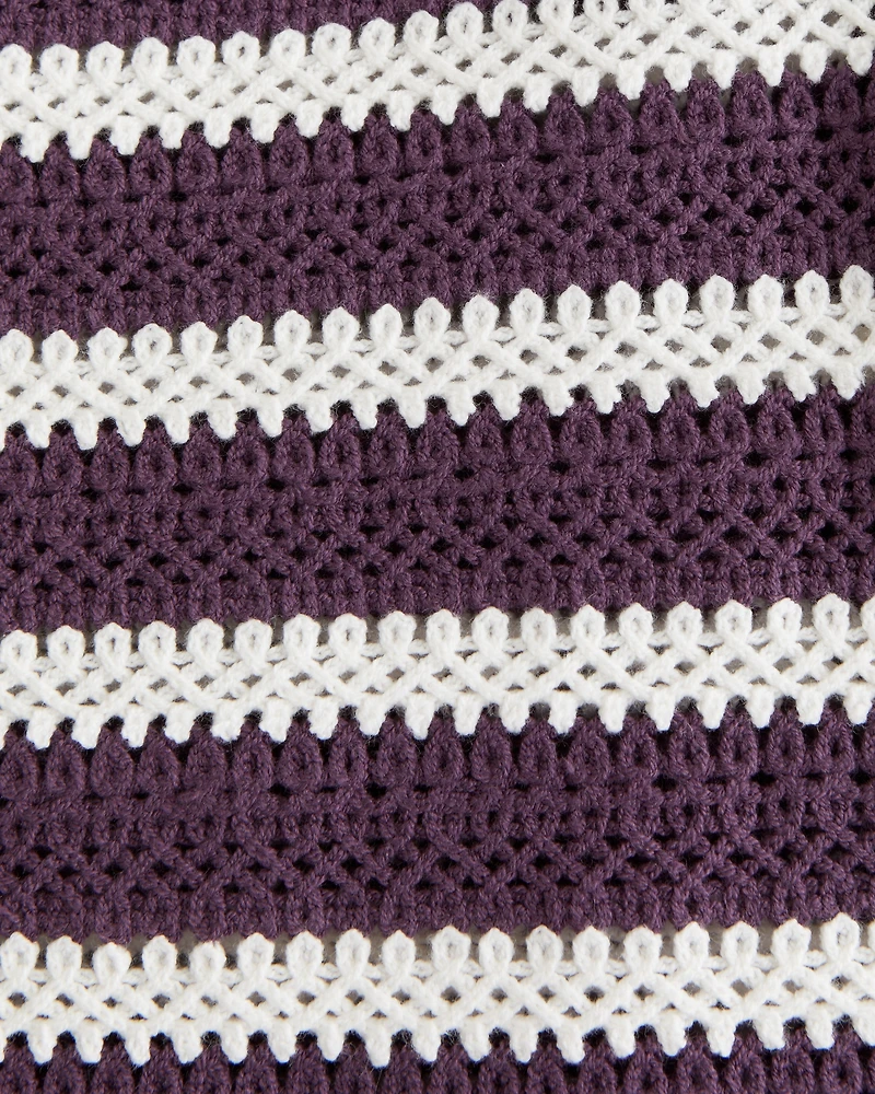 Crochet-Style Striped Button-Through Sweater Polo