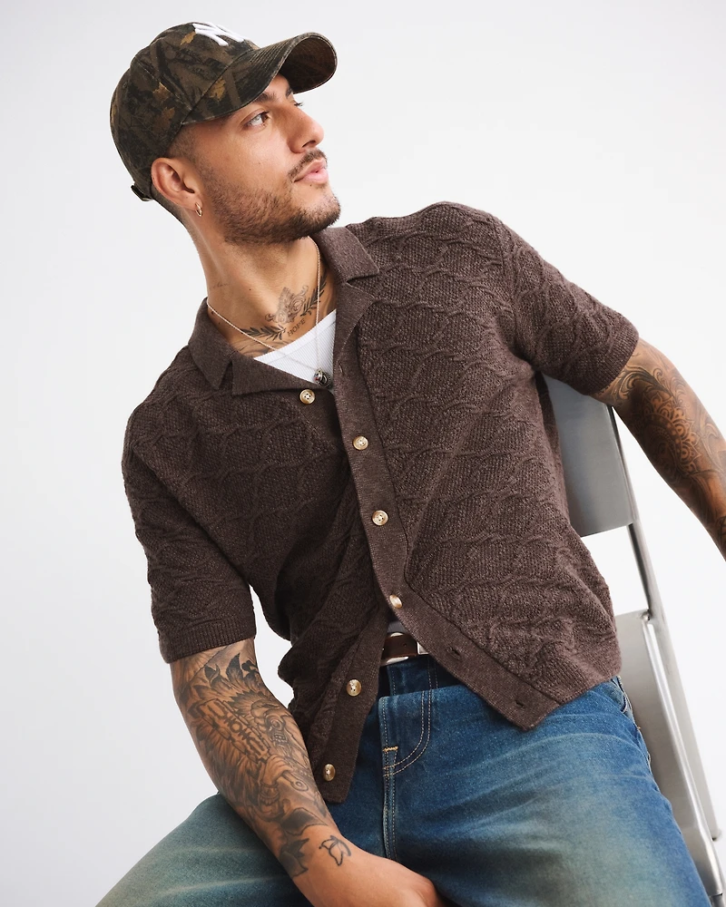 Crochet-Style Button-Through Sweater Polo