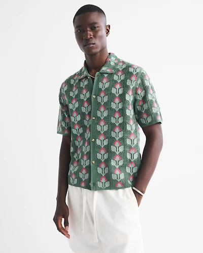 Crochet-Style Floral Button-Through Sweater Polo