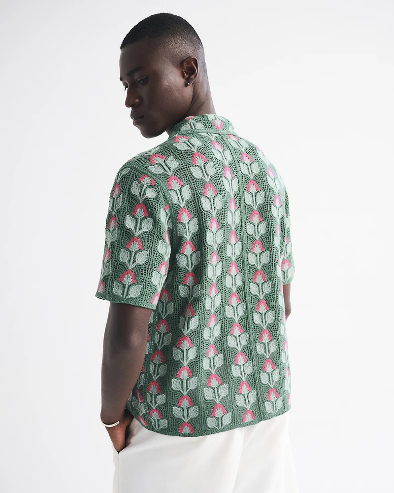 Crochet-Style Floral Button-Through Sweater Polo
