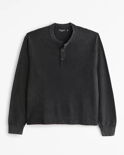 Long-Sleeve Grid Waffle Cropped Henley