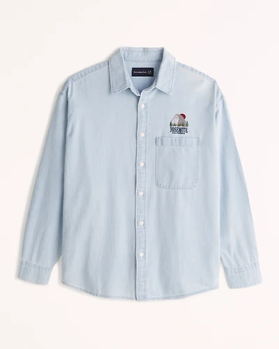 Graphic Denim Button-Up Shirt