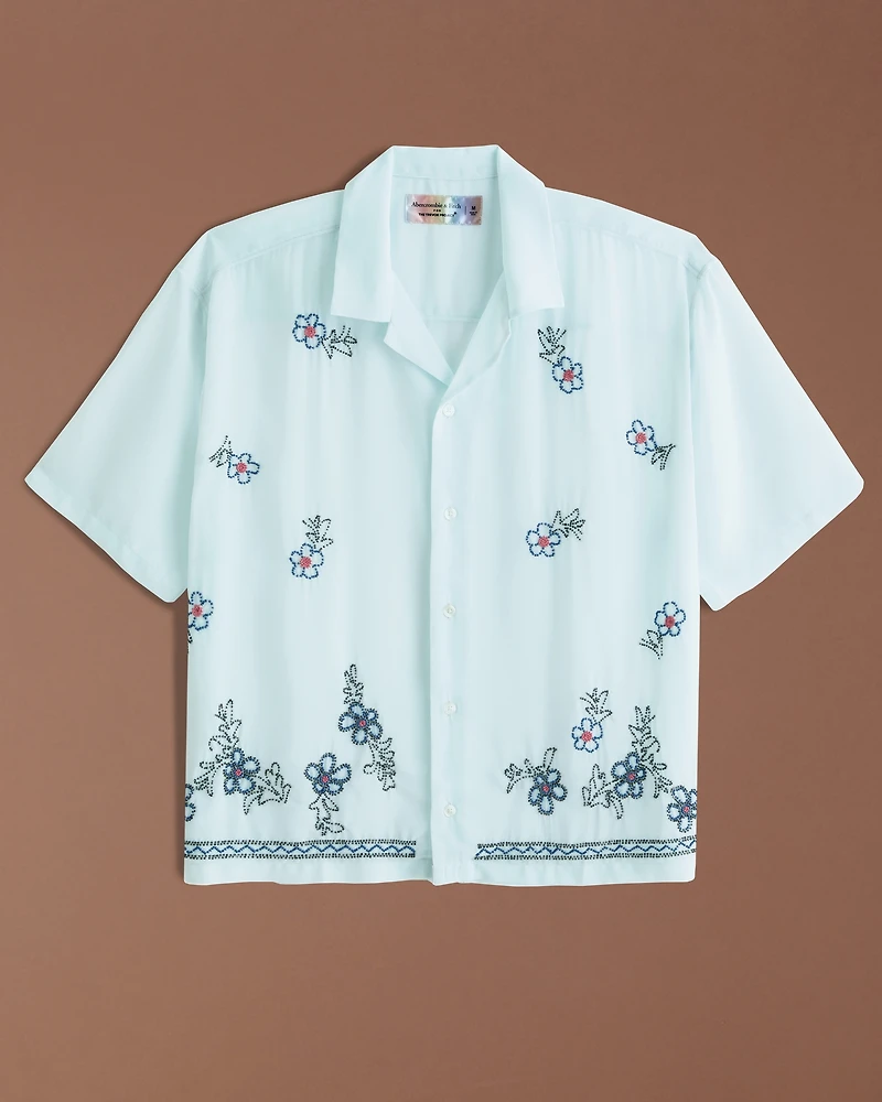 Pride Camp Collar Cropped Sheer Embroidered Shirt