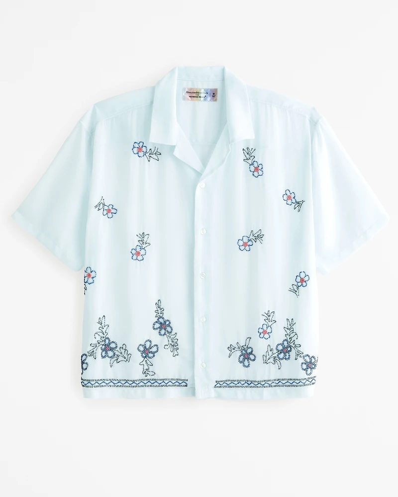Pride Camp Collar Cropped Sheer Embroidered Shirt
