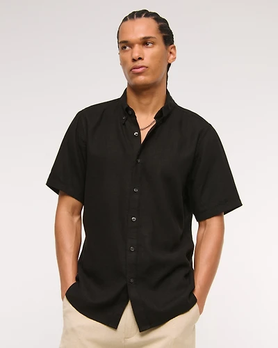 Short-Sleeve Summer Linen-Blend Button-Up Shirt