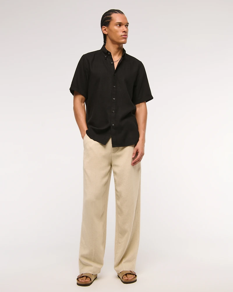 Short-Sleeve Summer Linen-Blend Button-Up Shirt
