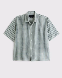 Short-Sleeve Cropped Textural Plaid Button-Up Shirt