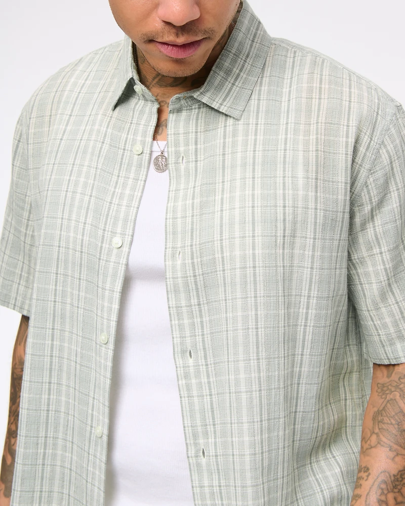 Short-Sleeve Textural Plaid Button-Up Shirt