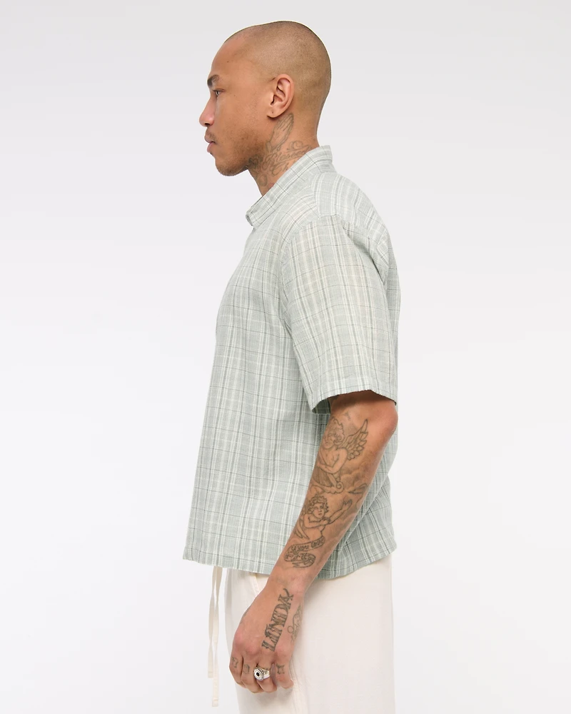 Short-Sleeve Textural Plaid Button-Up Shirt