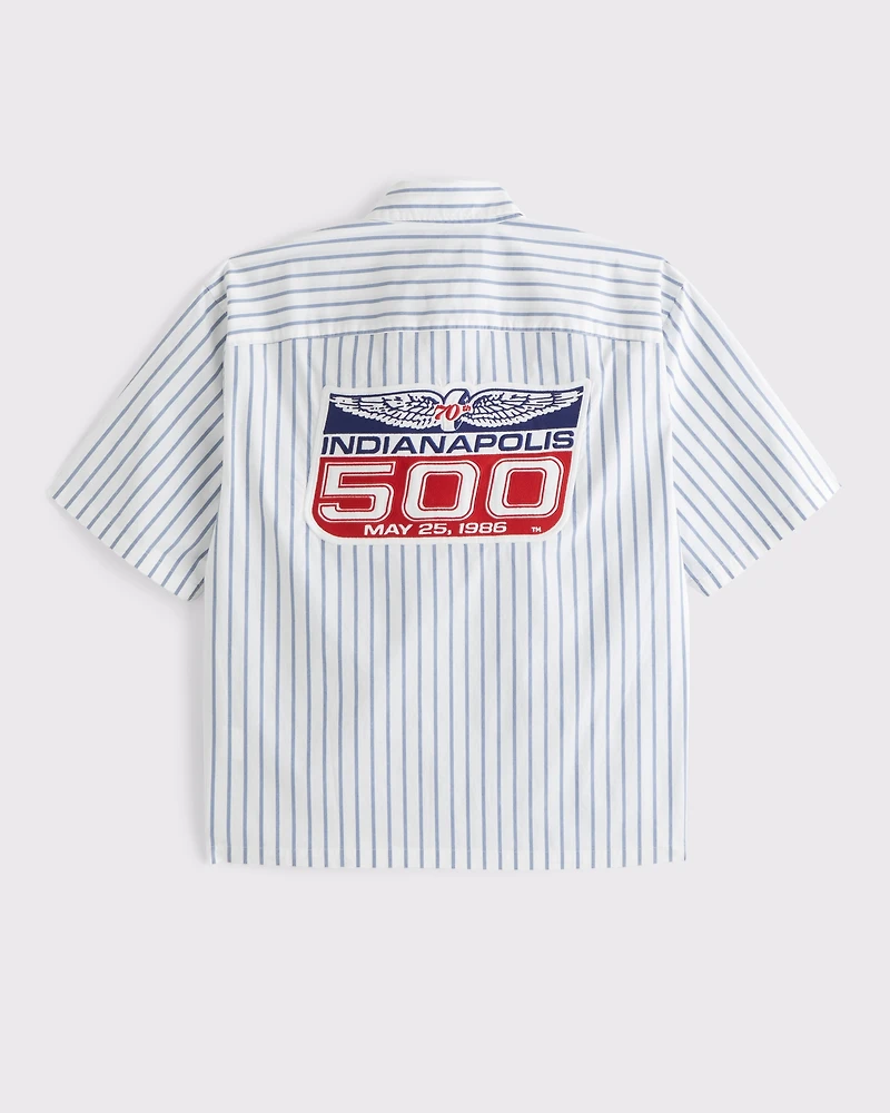 Short-Sleeve Cropped Racing Workwear Button-Up Shirt