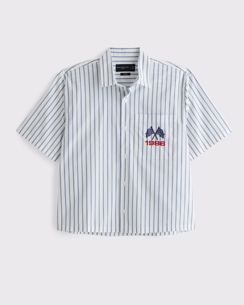 Short-Sleeve Cropped Racing Workwear Button-Up Shirt