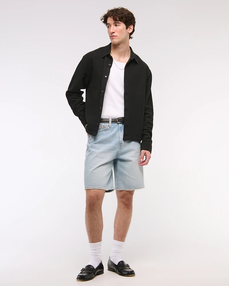 Cropped Slub Button-Up Shirt