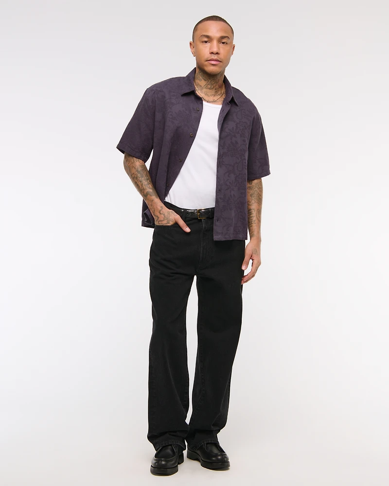 Short-Sleeve Cropped Jacquard Button-Up Shirt