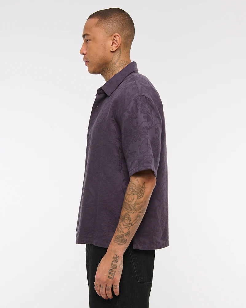 Short-Sleeve Cropped Jacquard Button-Up Shirt