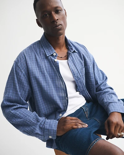 Garment-Dye Plaid Button-Up Shirt