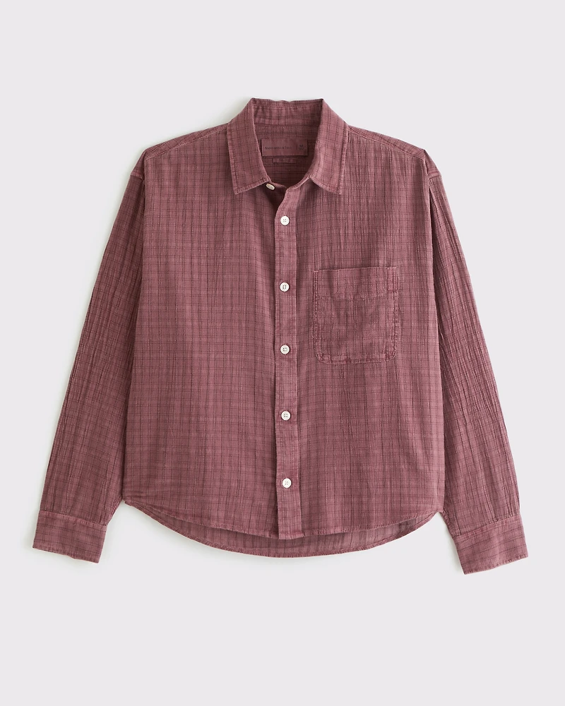 Cropped Garment-Dye Plaid Button-Up Shirt