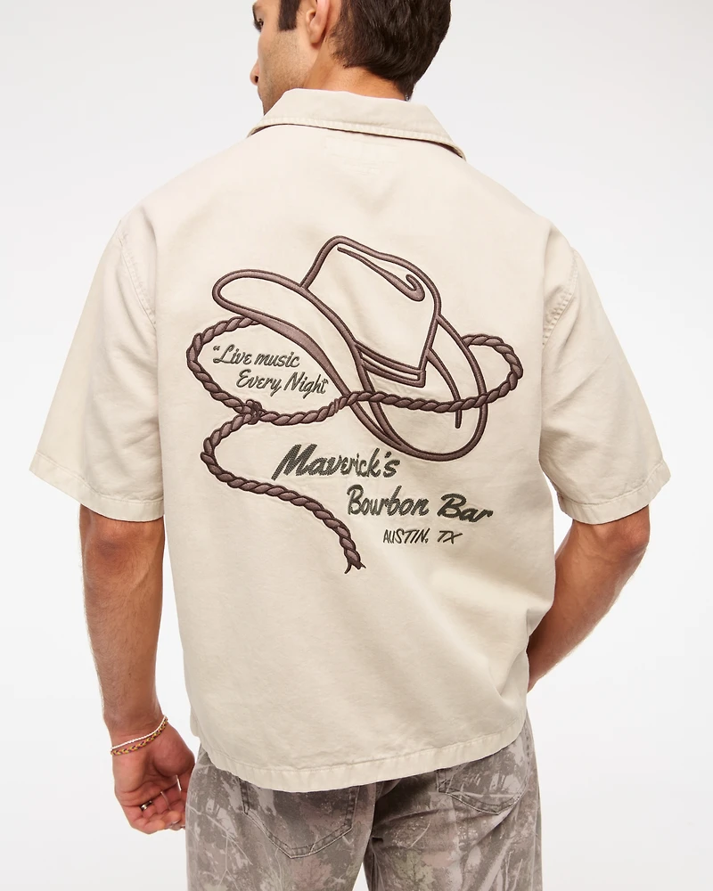 Short-Sleeve Cropped Western Graphic Button-Up Shirt