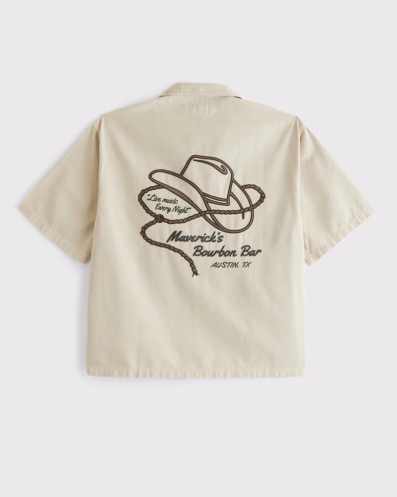 Short-Sleeve Cropped Western Graphic Button-Up Shirt