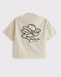 Short-Sleeve Cropped Western Graphic Button-Up Shirt