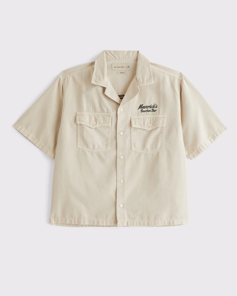 Short-Sleeve Cropped Western Graphic Button-Up Shirt