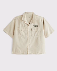 Short-Sleeve Cropped Western Graphic Button-Up Shirt