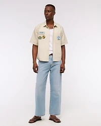 Short-Sleeve Cropped Graphic Workwear Button-Up Shirt
