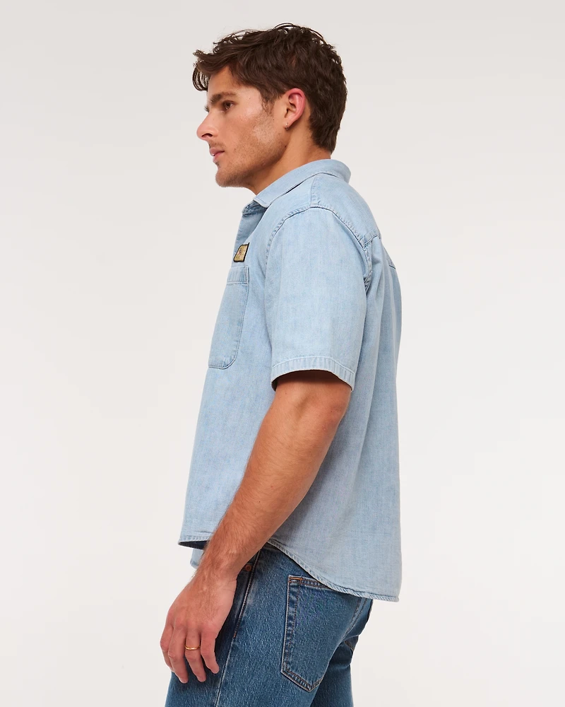 Short-Sleeve Cropped Graphic Denim Button-Up Shirt