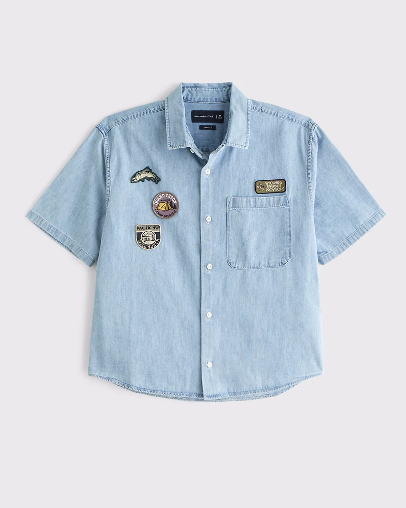 Short-Sleeve Cropped Graphic Denim Button-Up Shirt