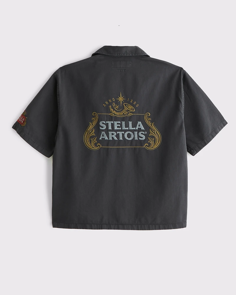 Short-Sleeve Cropped Stella Artois Workwear Button-Up Shirt
