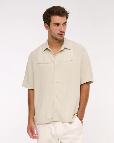 Short-Sleeve Summer Linen-Blend Button-Up Shirt