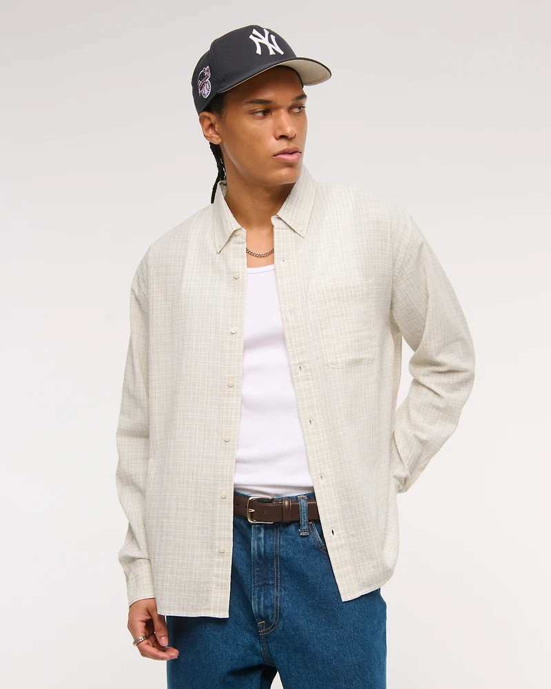 Long-Sleeve Textural Plaid Button-Up Shirt