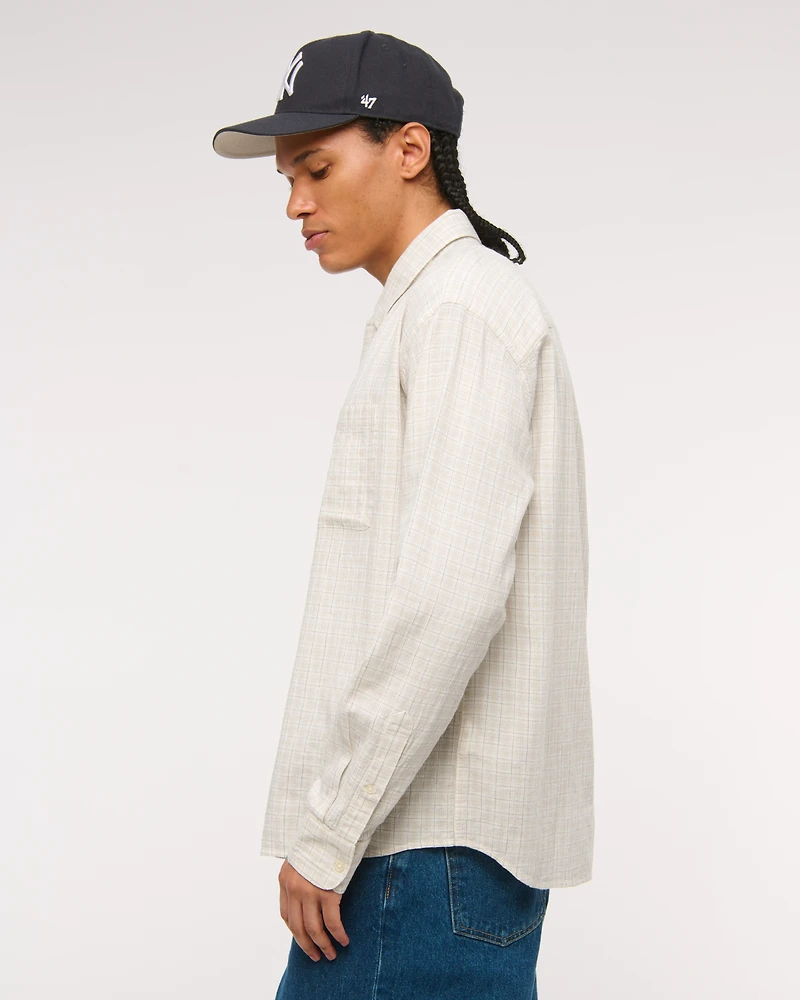 Long-Sleeve Textural Plaid Button-Up Shirt