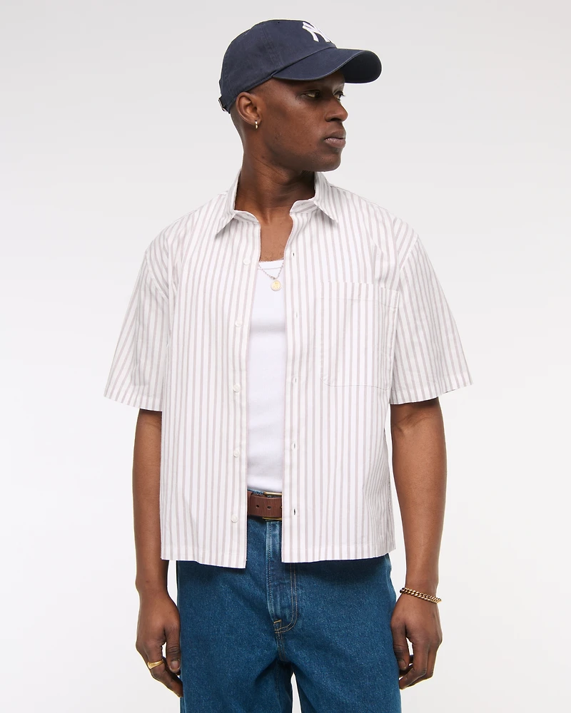 Short-Sleeve Cropped Poplin Button-Up Shirt