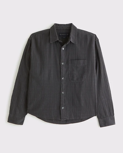 Cropped Garment-Dye Plaid Button-Up Shirt