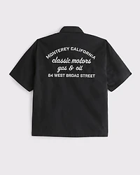 Short-Sleeve Cropped Poplin Graphic Button-Up Shirt