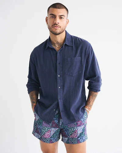 Garment-Dye Textured Button Up Shirt