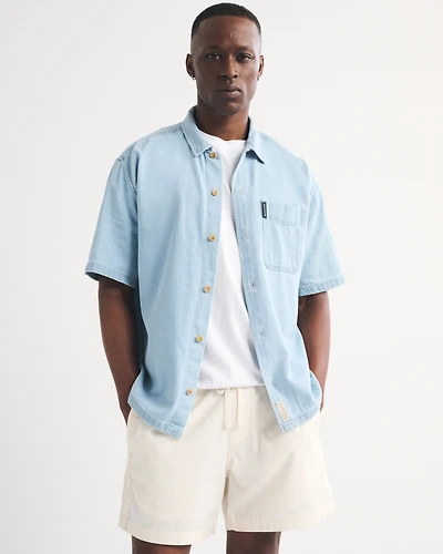 Short-Sleeve Denim Button-Up Shirt