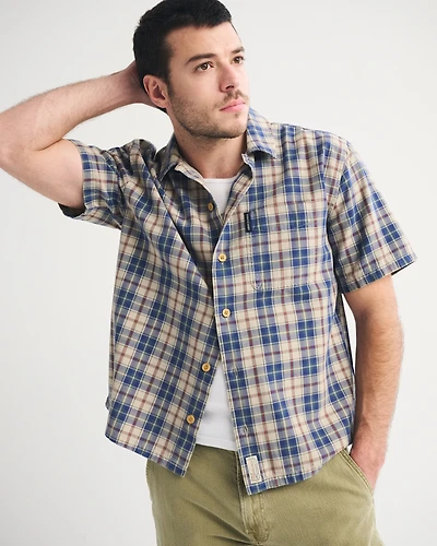 Short-Sleeve Plaid Button-Up Shirt
