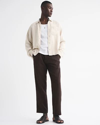 Linen-Blend Pleated Relaxed Straight Fixed Waist Pant