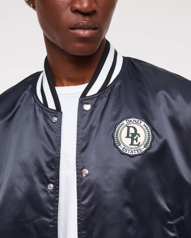 Vol. 28 Danzy Cropped Satin Varsity Bomber