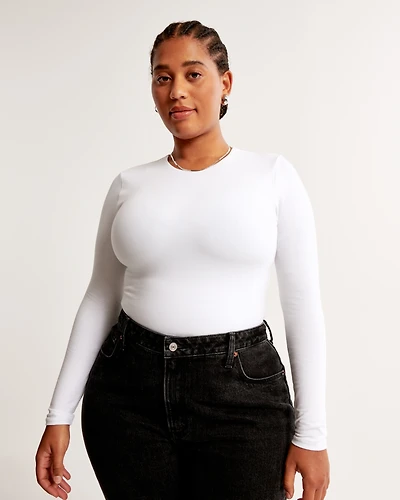 Long-Sleeve Cotton-Blend Seamless Fabric Crew Bodysuit