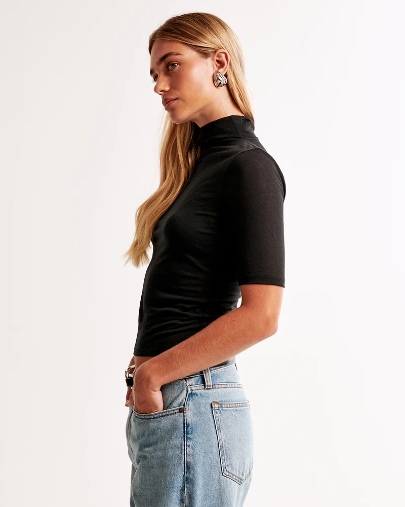 Half-Sleeve Sheer Jersey Mockneck Top